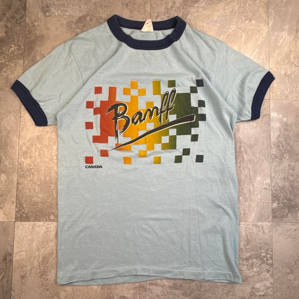 Vintage 80s Canada Bamff Ringer Tee with 'Bamff' and 'CANADA' graphic size small